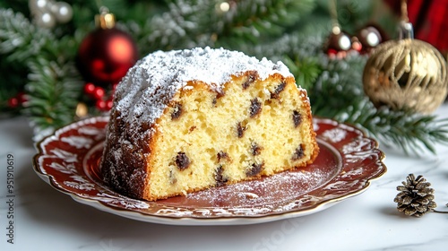 Wallpaper Mural Panettone slice with a dusting of powdered sugar, on a festive plate with a holiday backdrop Torontodigital.ca
