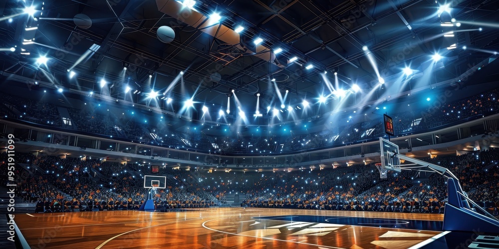 A vibrant basketball arena filled with excited fans and bright floodlights, ready for the big game night atmosphere