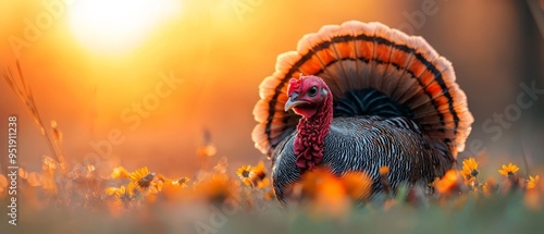  A turkey, in sharp focus, stands amongst a field of blooming flowers The sun casts a warm glow behind, while the backdrop subtly blurs