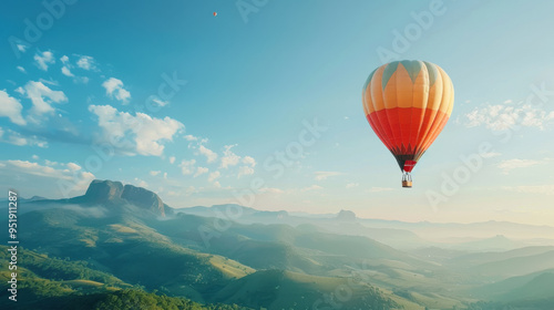 hot air balloon in the sky over the mountain landscape, place for nature travel, real photo, banner background with scenic view