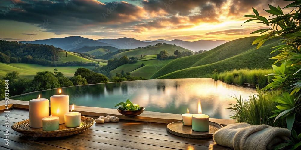 Fototapeta premium Surrounded by rolling hills and serene water's edge, a tranquil spa day scene unfolds, bathed in soft candlelight and lush greenery.
