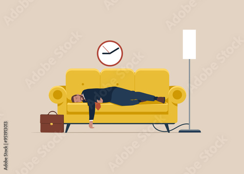 Businessman sleeping on couch after work at home. Unproductive, burnout, overload. Fight burnout at work. Modern flat vector illustration.