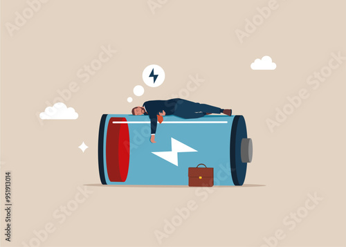 Charge battery. Businessman with low battery. Unproductive, burnout, overload. Fight burnout at work. Modern flat vector illustration.