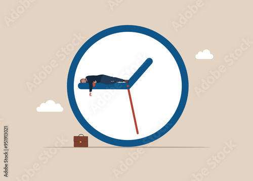 Wasted time and slow life. Lazy businessman sleeping atop clock, unwilling to work. Modern flat vector illustration