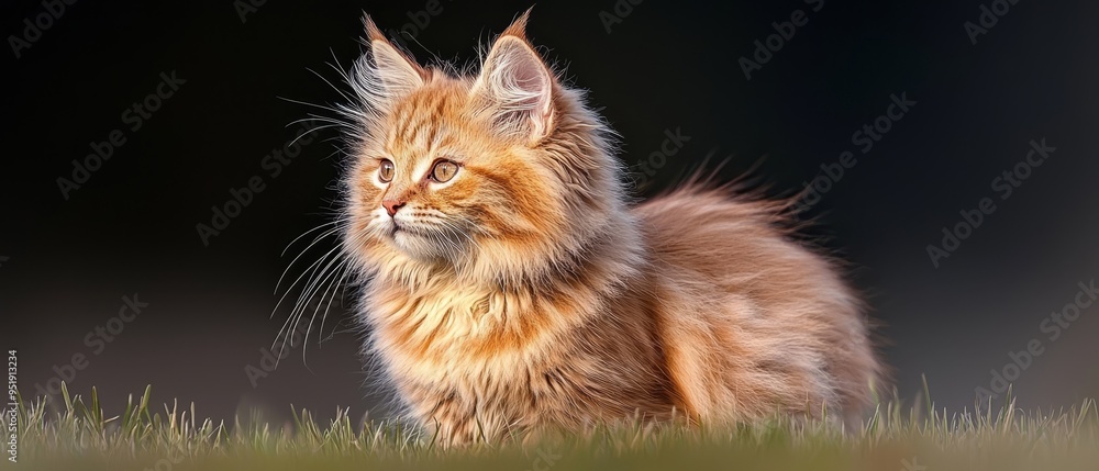 A feline in a lush grass expanse gazes intently at the camera with a gravity-defying serious expression A feline in a lush grass expanse gazes intently at the camera with a gravity-defying serious expression