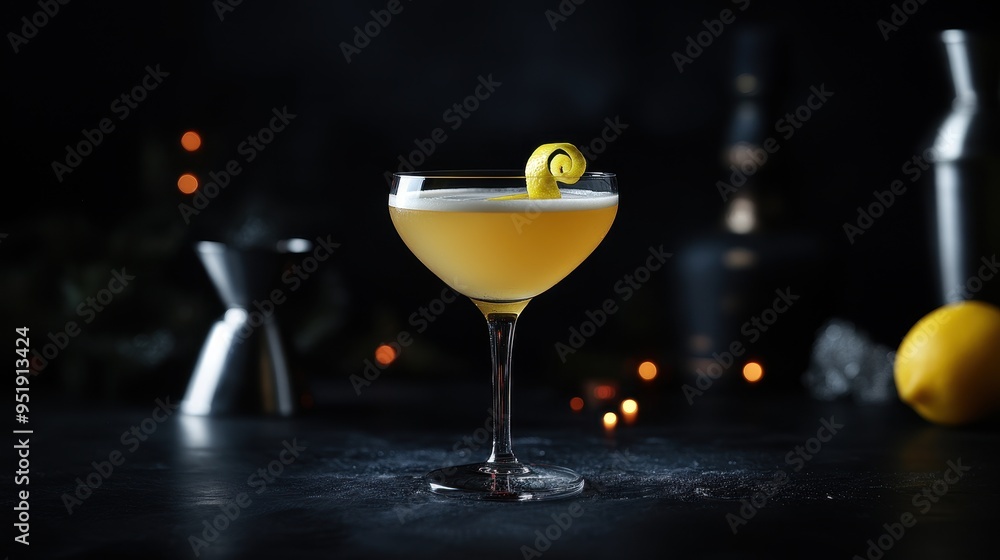 Classic Cocktail, A Refreshing Yellow Cocktail with Lemon Twist on a Dark Background Classic Cocktail, A Refreshing Yellow Cocktail with Lemon Twist on a Dark Background