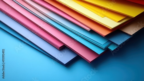 Colorful Paper Sheets Stacked on Blue Background Abstract Art and Design