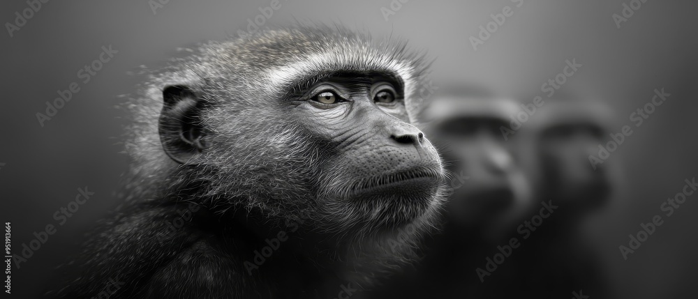 A tight shot of a monkey's focused face, superimposed with a softly blurred duplicate in the depths behind A tight shot of a monkey's focused face, superimposed with a softly blurred duplicate in the depths behind