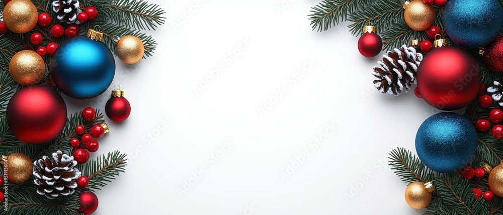 Christmas Ornament Border with Pine Branches and Red Berries Festive Holiday Background Christmas Ornament Border with Pine Branches and Red Berries Festive Holiday Background
