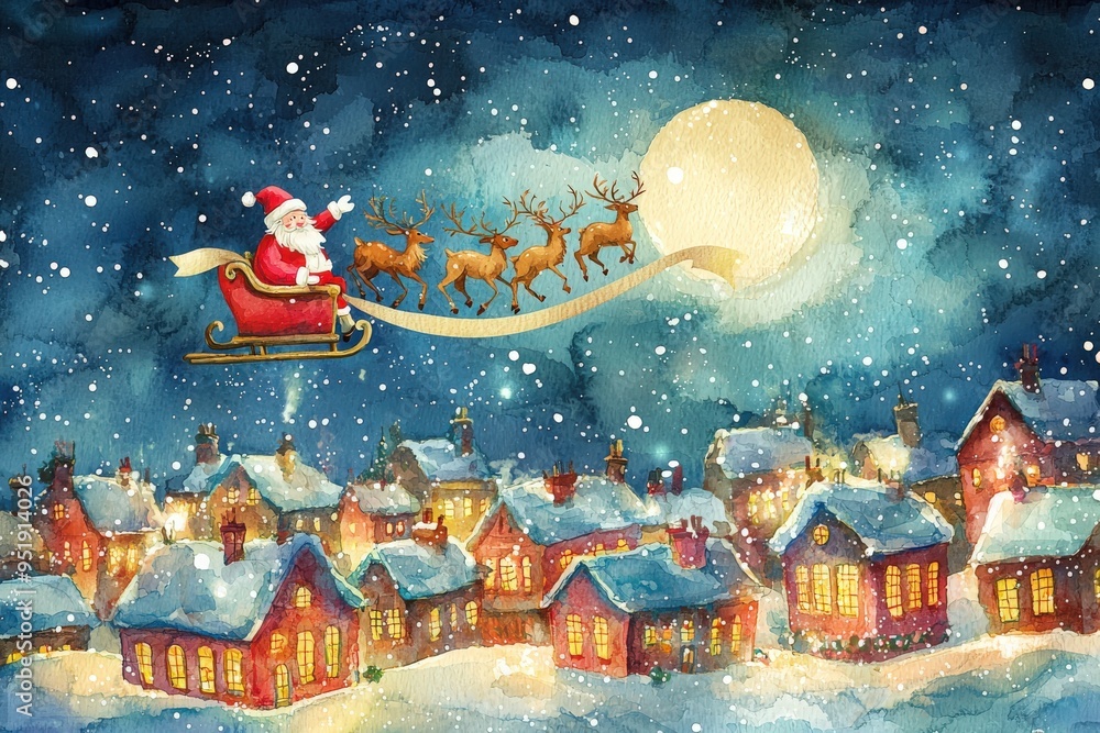 Santa Flying Over Snowy Village on Christmas Eve. Santa Flying Over Snowy Village on Christmas Eve.