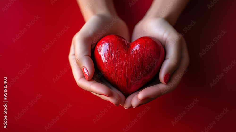 Women's hands hold a smooth, bright red heart, with an emphasis on the hands and heart, an atmosphere of warmth and care. The background is monochromatic. Women's hands hold a smooth, bright red heart, with an emphasis on the hands and heart, an atmosphere of warmth and care. The background is monochromatic.