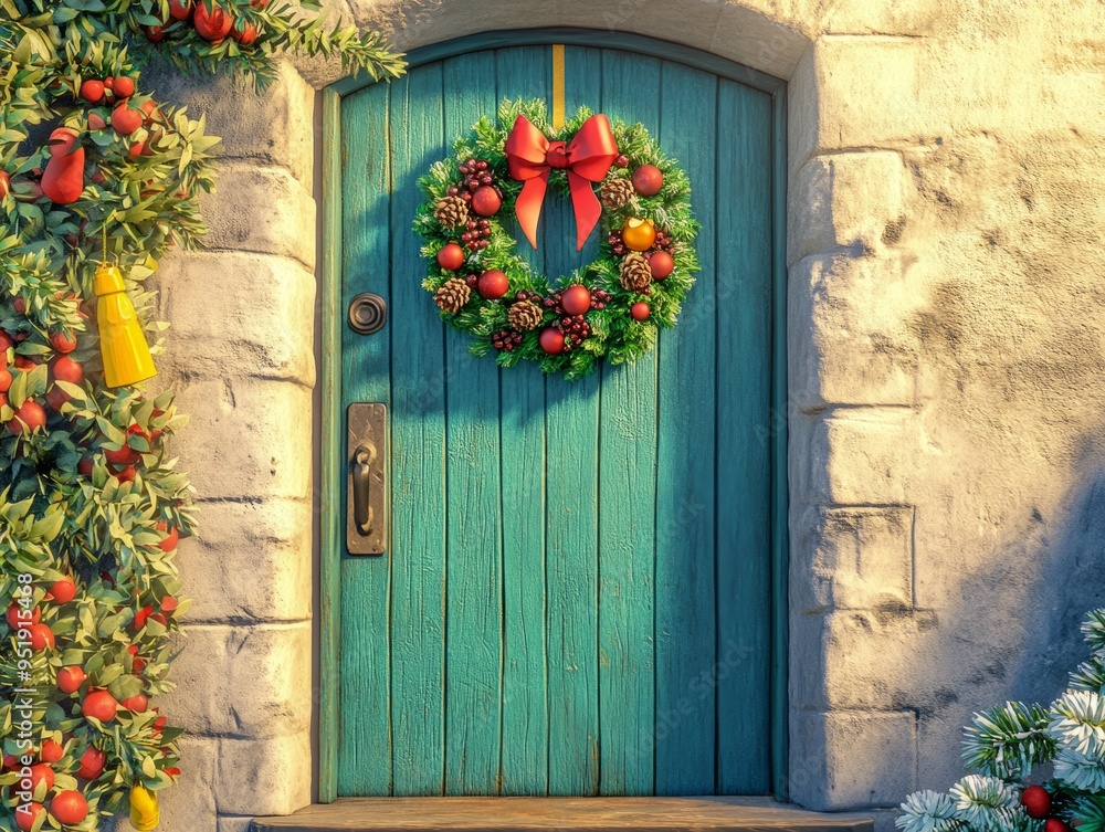 Festive Holiday Wreath on Rustic Door in Claymation Style | Elegant 3D Christmas Card Design with Anime Flair Festive Holiday Wreath on Rustic Door in Claymation Style | Elegant 3D Christmas Card Design with Anime Flair