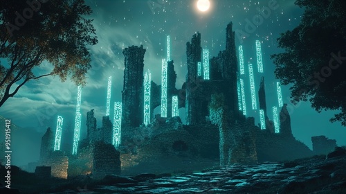 A mysterious and atmospheric scene of ancient ruins set under a moonlit night sky. The dilapidated stone structure features tall, crumbling towers surrounded by illuminated, glowing runes on monolithi photo