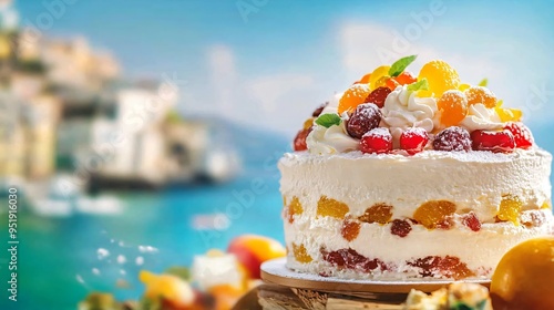 Sicilian cassata cake with layers of ricotta, candied fruit, and marzipan, set against a vibrant Mediterranean backdrop photo