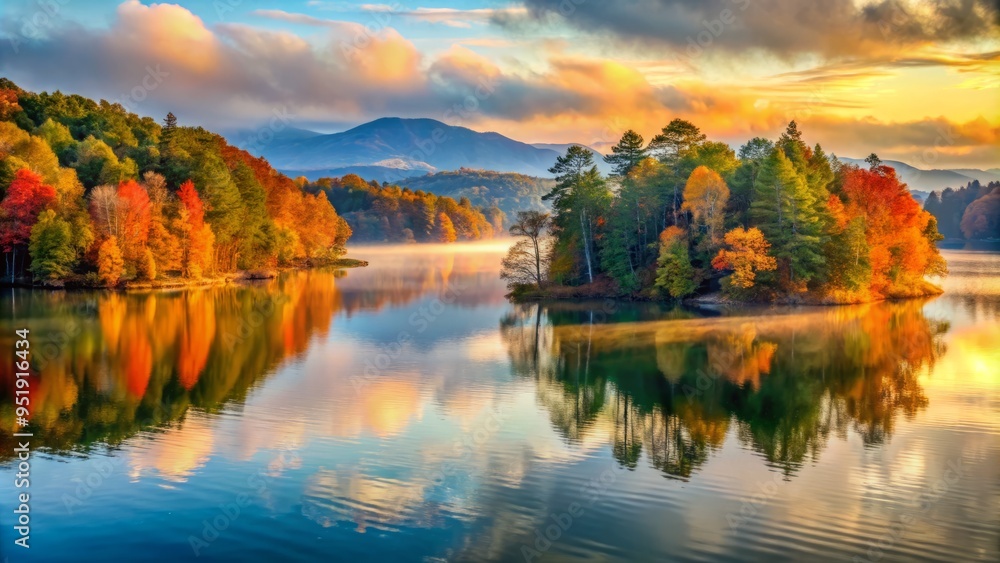 Vibrant autumn foliage reflections on still Lake Keowee waters amidst misty South Carolina upstate mountains at dawn with warm golden light and serene atmosphere Vibrant autumn foliage reflections on still Lake Keowee waters amidst misty South Carolina upstate mountains at dawn with warm golden light and serene atmosphere