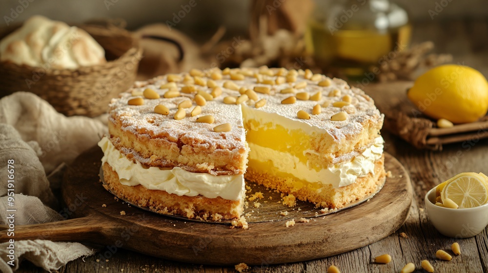 Torta della Nonna with a lemon cream filling and pine nuts, served on a rustic wooden table with a countryside backdrop Torta della Nonna with a lemon cream filling and pine nuts, served on a rustic wooden table with a countryside backdrop
