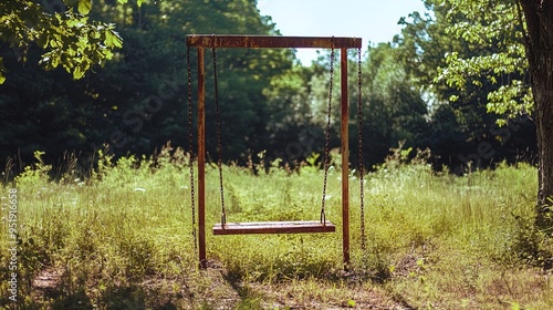 An old, rusty swing set with a single wooden seat is positioned in the center of a lush, green meadow. The grass around the swing is overgrown, indicating that it hasn't been used for quite some time.