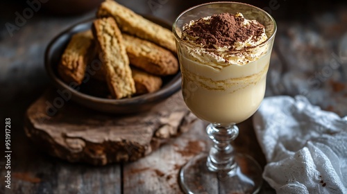 Zabaglione served in a vintage glass, with a sprinkle of cocoa and a side of biscotti on a rustic table