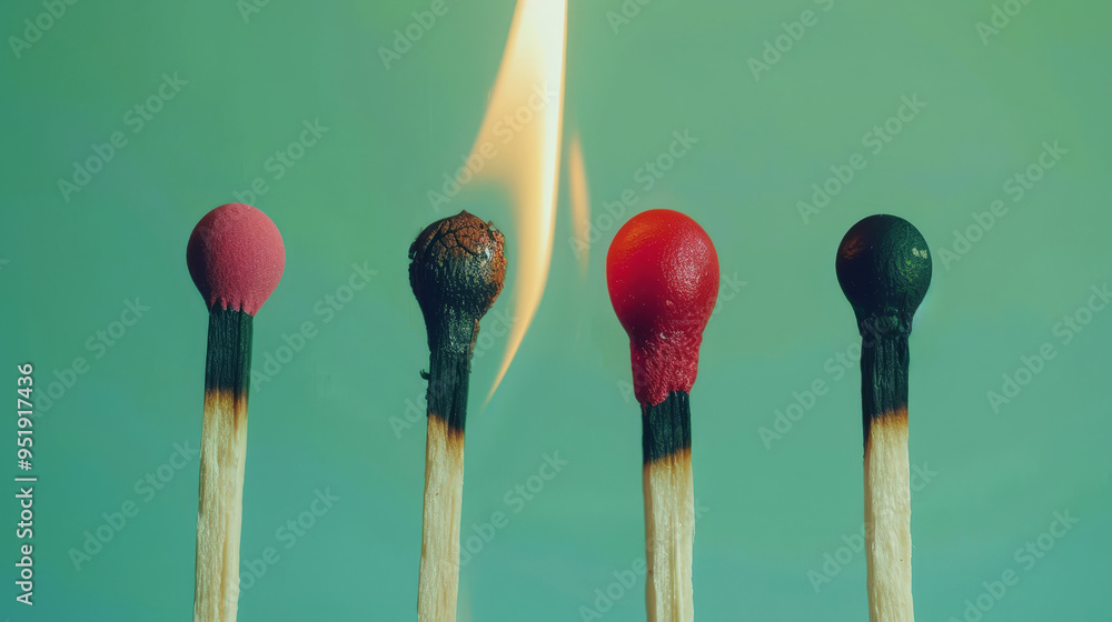 Group of different matches, some burning, pastel blue background, leadership, idea generation, teamwork. Generative AI Group of different matches, some burning, pastel blue background, leadership, idea generation, teamwork. Generative AI