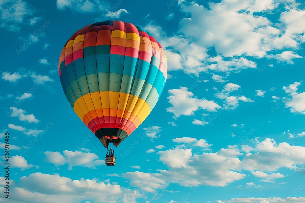 Colorful hot air balloon is flying through a beautiful blue sky with fluffy white clouds Colorful hot air balloon is flying through a beautiful blue sky with fluffy white clouds