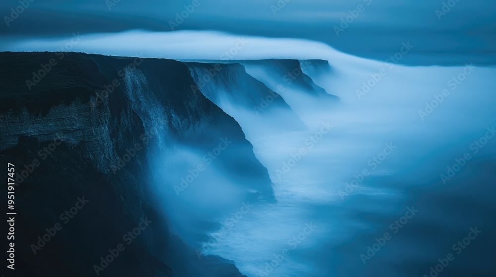A dense fog rolling over a coastal cliff, capturing the mysterious and ever-changing moods of Earth's landscapes A dense fog rolling over a coastal cliff, capturing the mysterious and ever-changing moods of Earth's landscapes