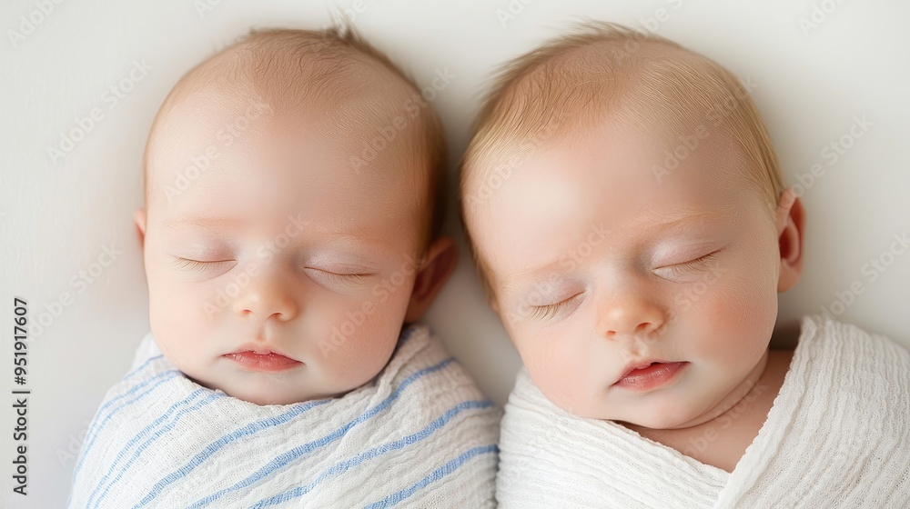 Sleeping newborn twins swaddled in white blankets, peaceful portrait. Sleeping newborn twins swaddled in white blankets, peaceful portrait.