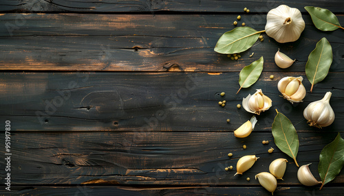 Garlic cloves with bay leaves on dark wood texture. Space for text. Top view photo