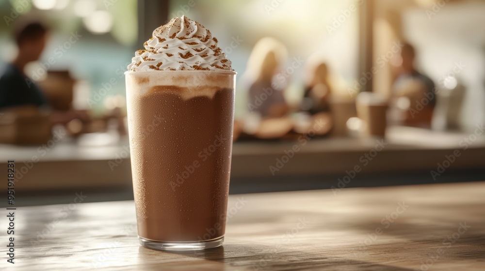 Iced mocha with whipped cream in cozy cafe Close-up of an iced mocha topped with whipped cream, served in a cozy cafe setting with a warm, inviting atmosphere Iced mocha with whipped cream in cozy cafe Close-up of an iced mocha topped with whipped cream, served in a cozy cafe setting with a warm, inviting atmosphere