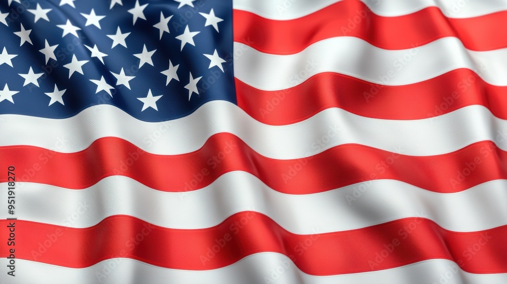 Obraz premium Waving American flag with stars and stripes Close-up of the American flag with stars and stripes waving in the wind, representing patriotism, freedom, and national pride