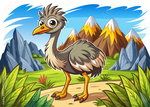 cartoon vector illustration of ostrich, green field with mountains isolated background, countryside farm life