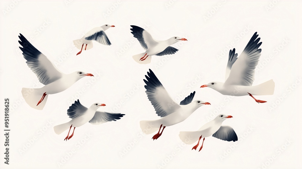 Obraz premium A Graceful Soar: Watercolor Seagulls in Flight 