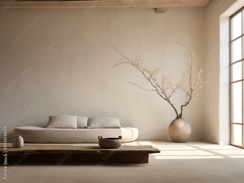 Wabi sabi and japandi japanese style rustic interior in in white and neutral with wood, pottery and texture elements Wabi sabi and japandi japanese style rustic interior in in white and neutral with wood, pottery and texture elements