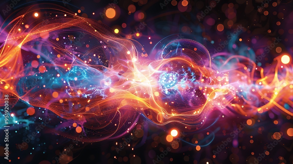 An abstract and colorful scientific illustration that visualizes the concept of chain reactions in nuclear fission, with a series of atoms splitting and releasing energy in a cascading effect, 