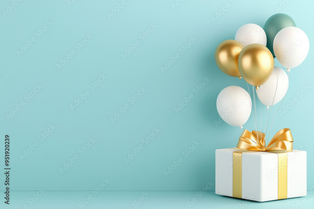 Festive surprise box adorned with a golden ribbon, a cluster of colorful balloons soaring above, set against a soft blue backdrop, creating a cheerful celebration atmosphere Festive surprise box adorned with a golden ribbon, a cluster of colorful balloons soaring above, set against a soft blue backdrop, creating a cheerful celebration atmosphere