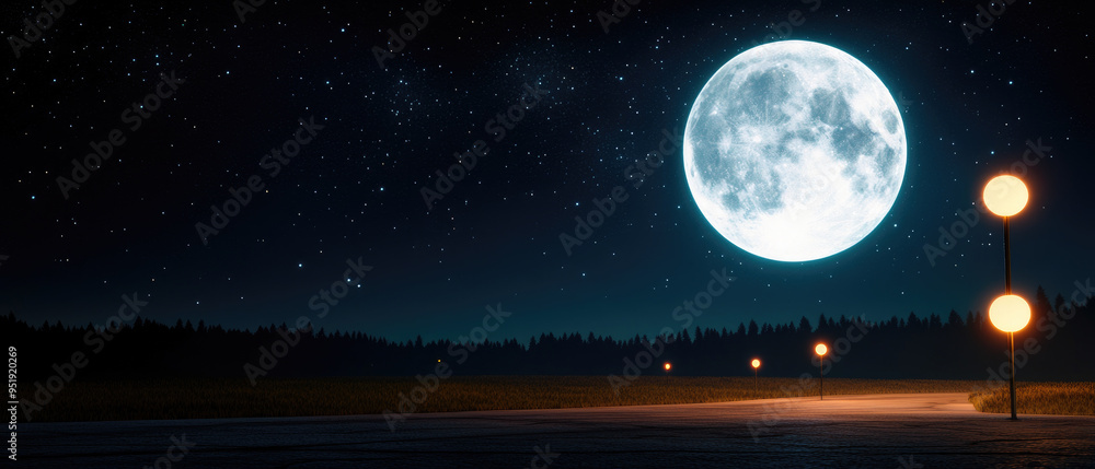 A luminous full moon shines brightly over a serene landscape, scattered stars twinkle in the dark sky, illuminated lampposts line a quiet road, surrounded by dense forest. A luminous full moon shines brightly over a serene landscape, scattered stars twinkle in the dark sky, illuminated lampposts line a quiet road, surrounded by dense forest.