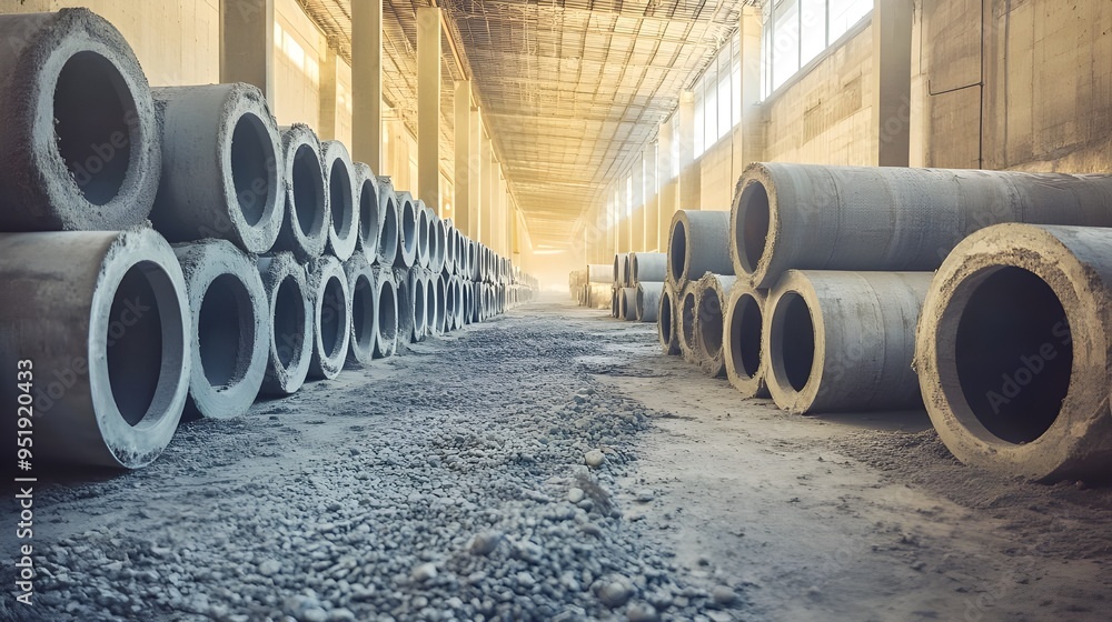 Concrete Pipes Stacked in an Industrial Warehouse. Concrete Pipes Stacked in an Industrial Warehouse.