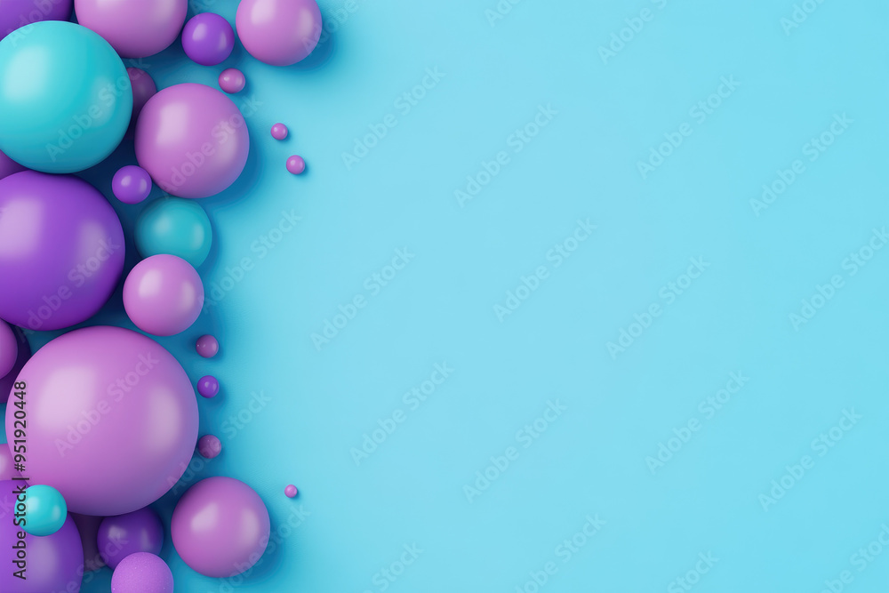Vibrant spheres of varying sizes in shades of purple and teal create a playful composition on a bright blue background, evoking a sense of fun and creativity. Vibrant spheres of varying sizes in shades of purple and teal create a playful composition on a bright blue background, evoking a sense of fun and creativity.