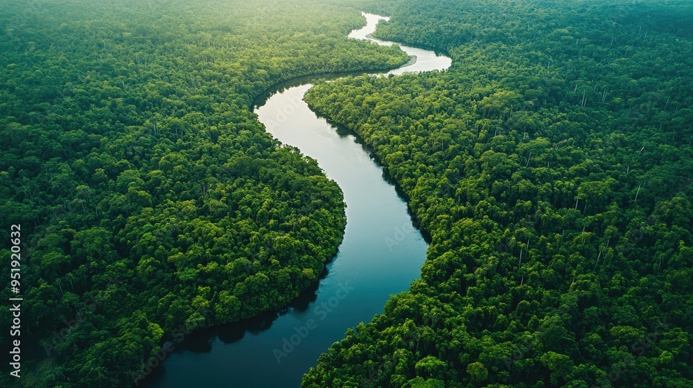 Aerial view of a winding river cutting through a dense forest, showcasing Earth's natural beauty and complexity Aerial view of a winding river cutting through a dense forest, showcasing Earth's natural beauty and complexity