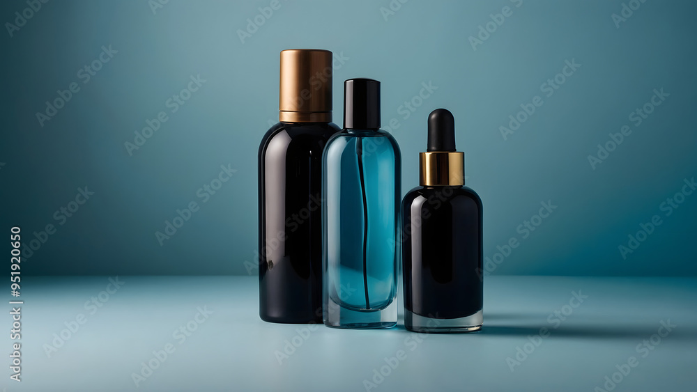 Three bottles for cosmetics two dark with gold caps one transparent blue on a blue-gray background Three bottles for cosmetics two dark with gold caps one transparent blue on a blue-gray background