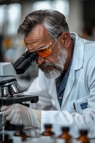 Scientist in protective gear analyzing samples under microscope in genetic research laboratory