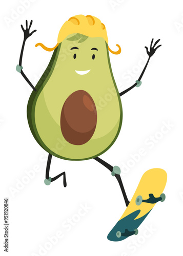 Avocado character with happy emotions. Cheerful vegetable person. Avocado super hero funny cartoon character. Vector flat illustration