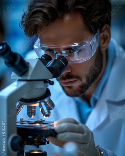 Scientist in protective gear examines samples under microscope for genetic research in laboratory