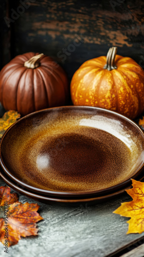 Thanksgiving vibes. Rich brown clay plate with pumpkins and fall leaves. Halloween craft. Top view. Generative AI