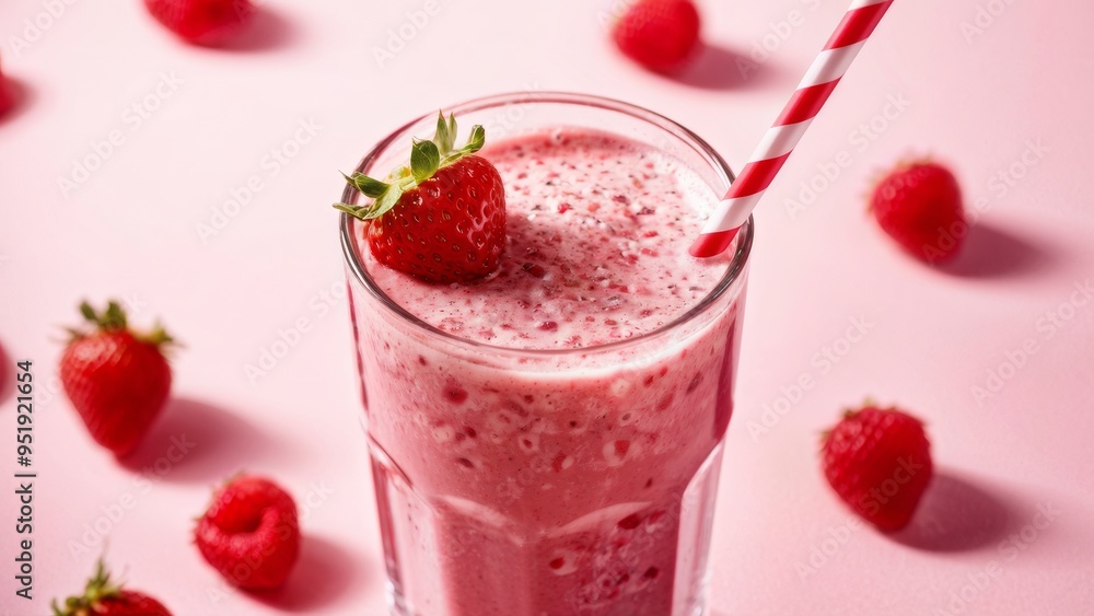 Strawberry smoothie in glass with straw and scattered berries on pink background. Strawberry smoothie in glass with straw and scattered berries on pink background.