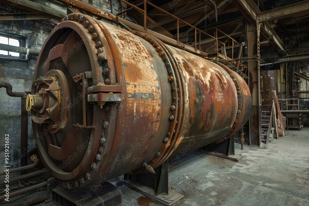 Rusty industrial autoclave sits idle inside an abandoned factory building Rusty industrial autoclave sits idle inside an abandoned factory building