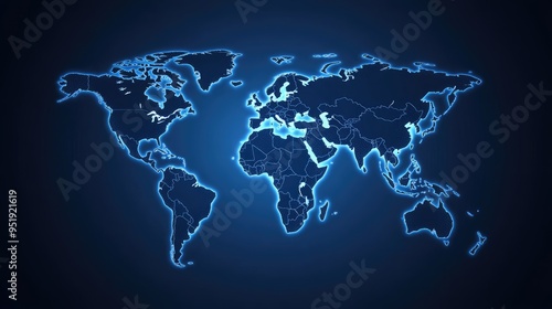 A world map designed with glowing connections highlights the global network of digital technology, ideal for illustrating business and internet concepts #951921619