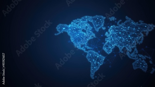 A world map designed with glowing connections highlights the global network of digital technology, ideal for illustrating business and internet concepts