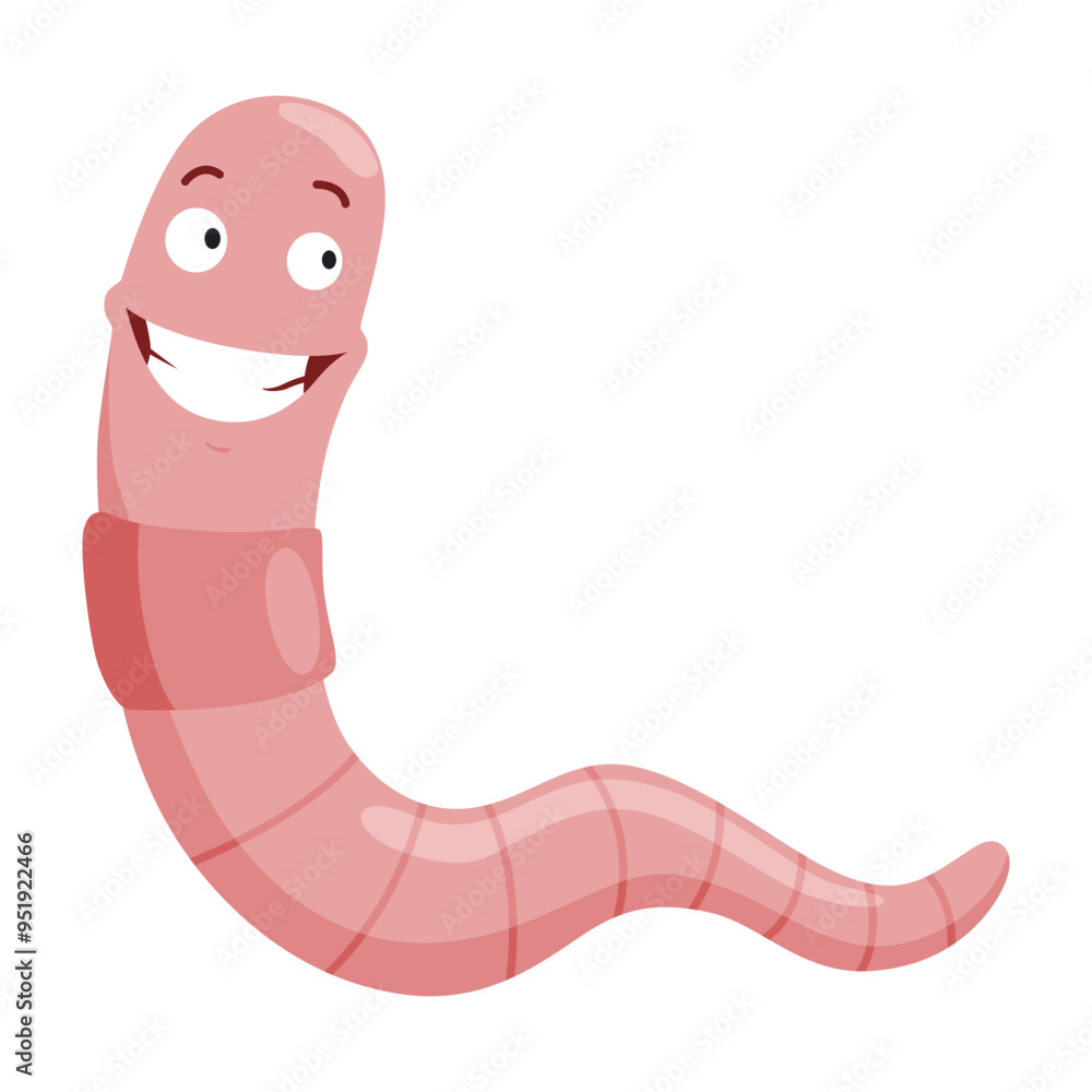 Fototapeta premium Funny worm laughs. Pink crawler amazemented. Earth worm cartoon character, wildlife nature. Insect for kids illustration