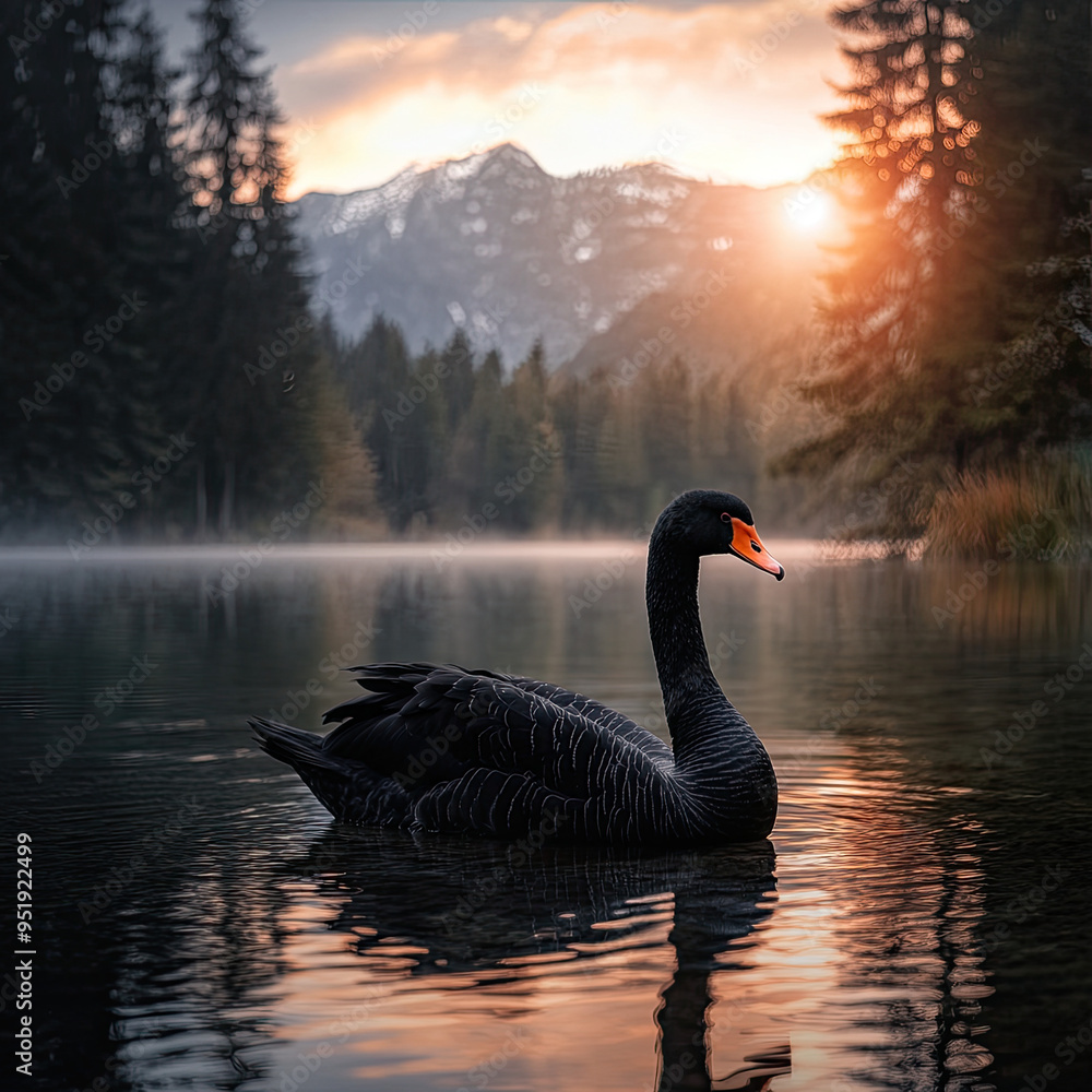 Fototapeta premium Black swan close-up on a lake against the backdrop of a mountain landscape. Sunset, autumn, peace. Let's protect our home!