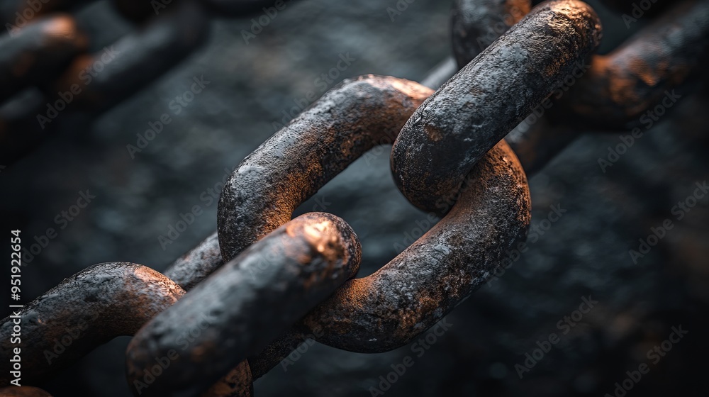 Heavy metal chain links resting on a dark surface with dramatic lighting Heavy metal chain links resting on a dark surface with dramatic lighting
